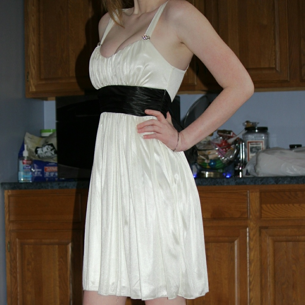 White Dress with Black Ribbon & Rhinestones - Picture 8 of 8